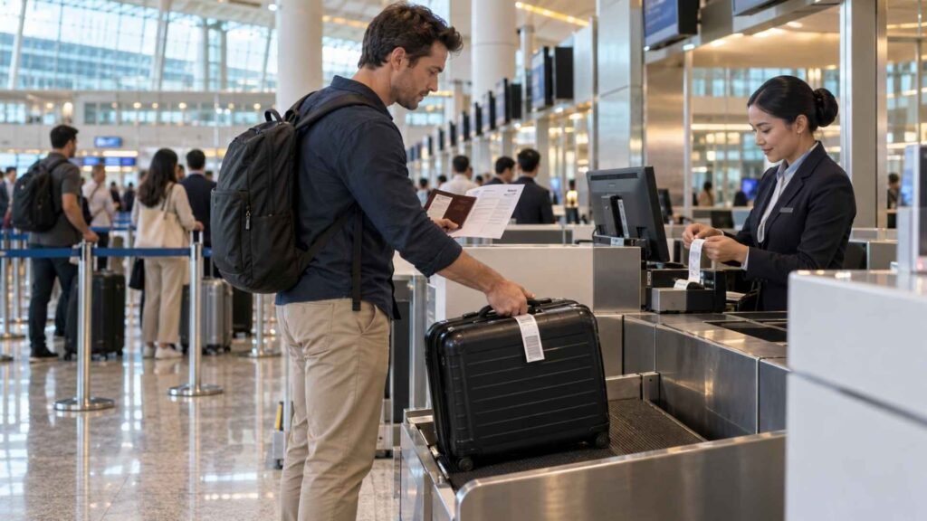 Dubai Airport self-transfer passenger rechecking baggage for a separate flight