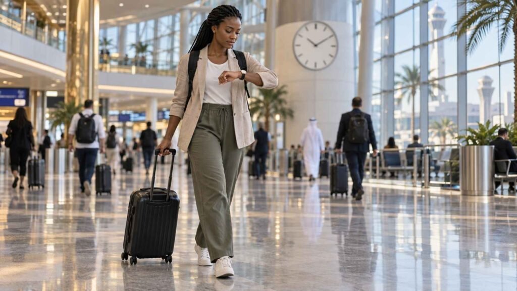 Traveller checking the time during a Dubai Airport self-transfer