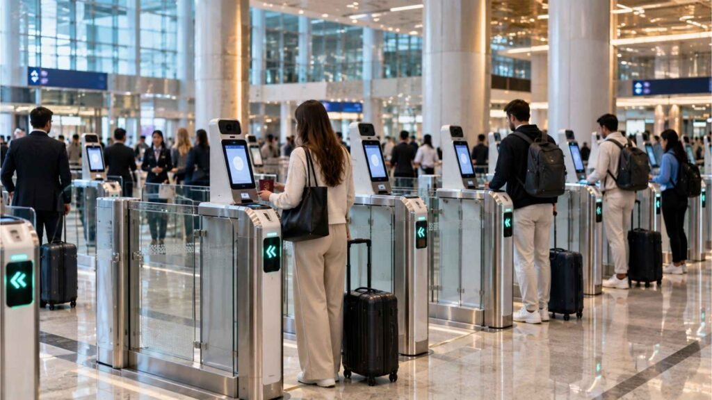 Travellers using biometric Smart Gates at Dubai Airport immigration