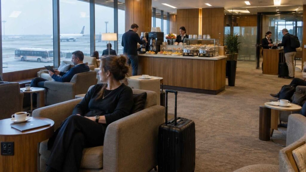 Business class lounge with buffet and boarding service at Dubai Airport Terminal 2