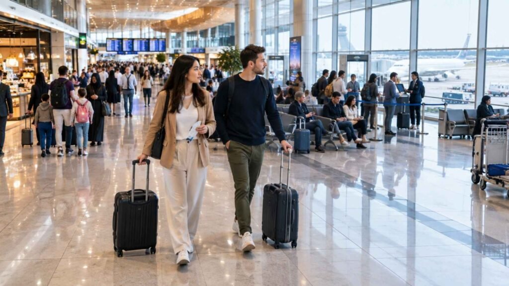 Travellers navigating Dubai Airport terminals and concourses with cabin luggage