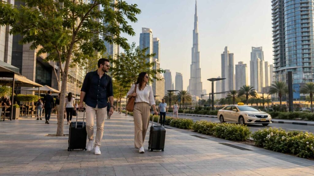 Travellers with suitcases walking through Downtown Dubai towards their hotel