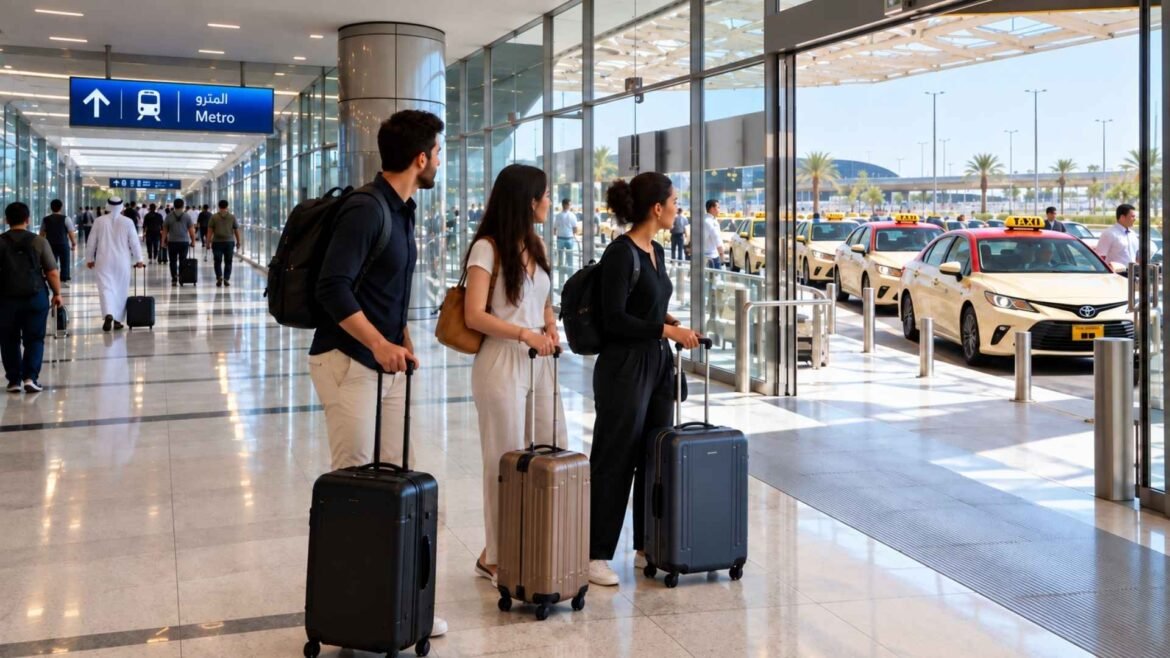 Dubai Airport to City Centre transport options, with travellers choosing between the Metro and airport taxis