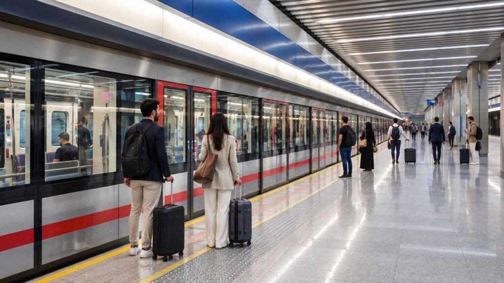 Passengers with luggage waiting behind the safety line at Dubai Airport Terminal 3 Metro station