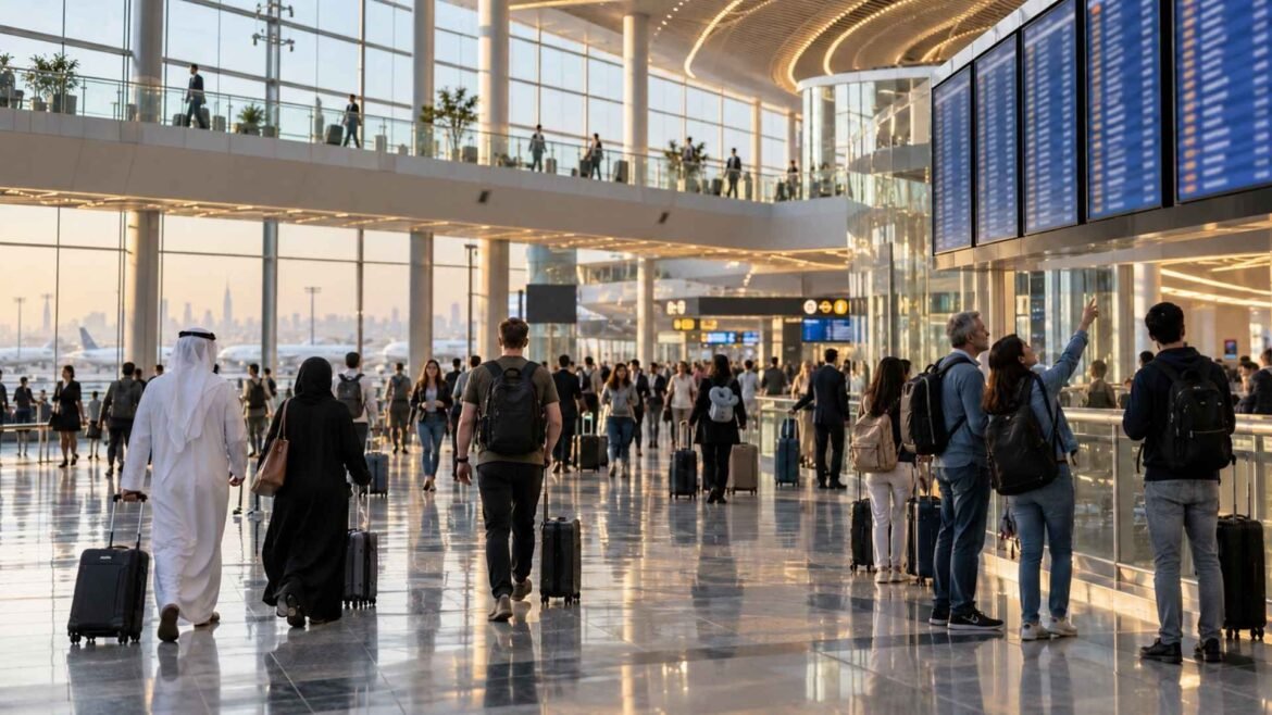 Dubai Airport Transit passengers checking flight information at DXB