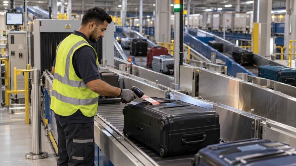 Dubai Airport transit baggage handler scanning a checked suitcase for a connecting flight