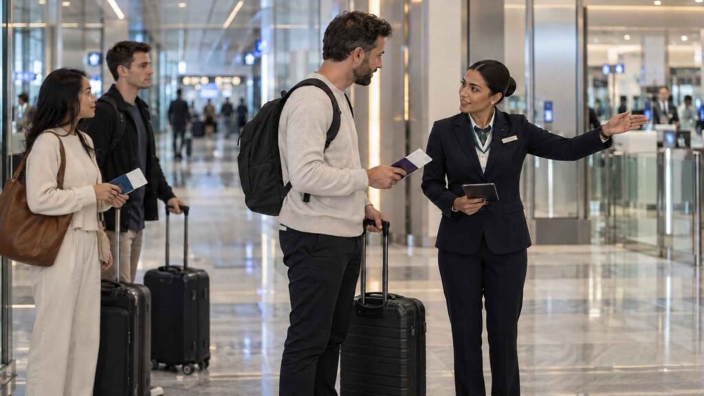 Dubai Airport transit passenger receiving passport control guidance