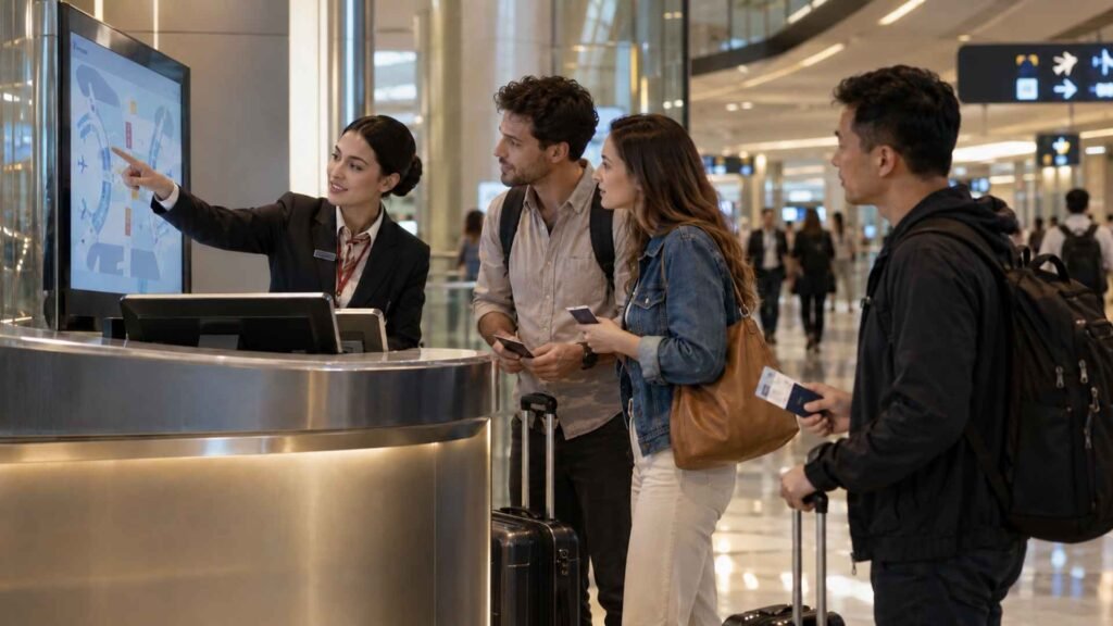 Dubai Airport transit passengers receiving connection guidance at a transfer assistance desk