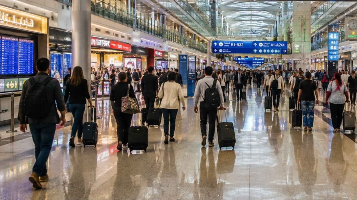 Dubai International Airport Guide showing travellers with luggage inside a busy DXB terminal