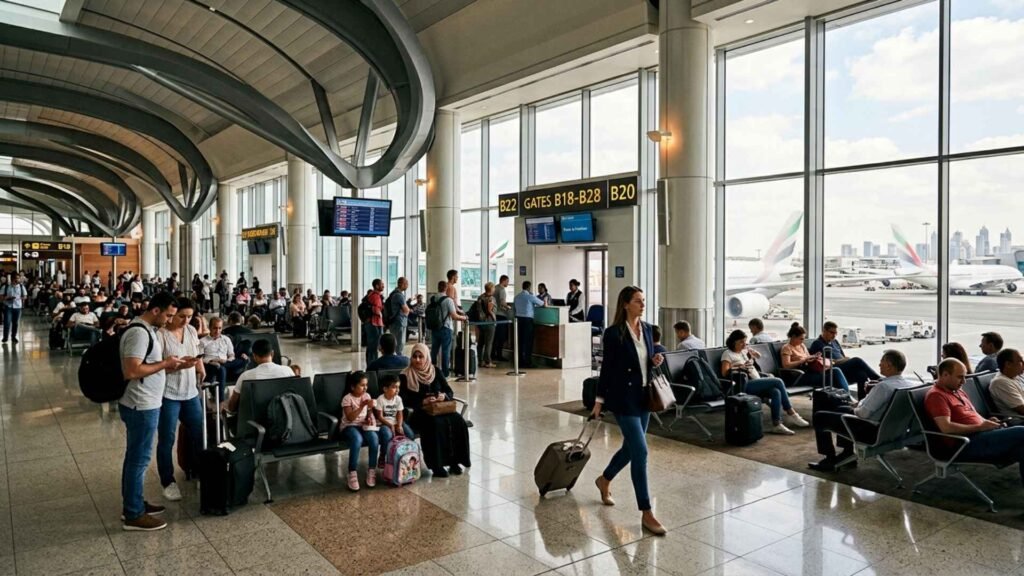 Travellers waiting and walking through a departure gate area inside Dubai International Airport