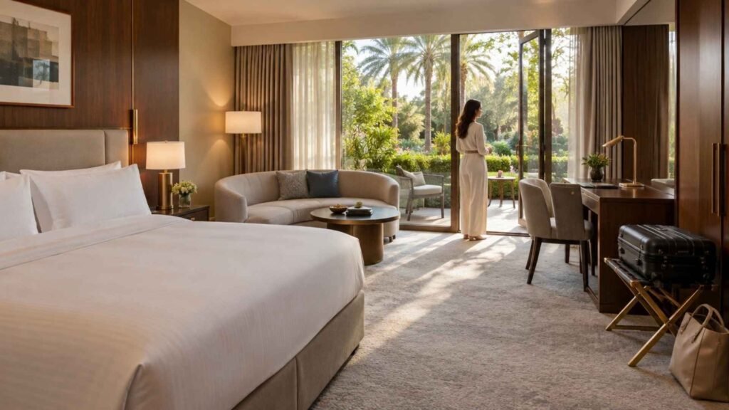 Female traveller looking towards the tropical gardens from a spacious luxury room at Dubai Hotel & Conference Centre, featuring a king-size bed, curved sofa, writing desk and private terrace.