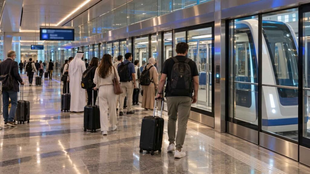 Dubai Airport transit passengers using the Terminal 3 Concourse A people mover