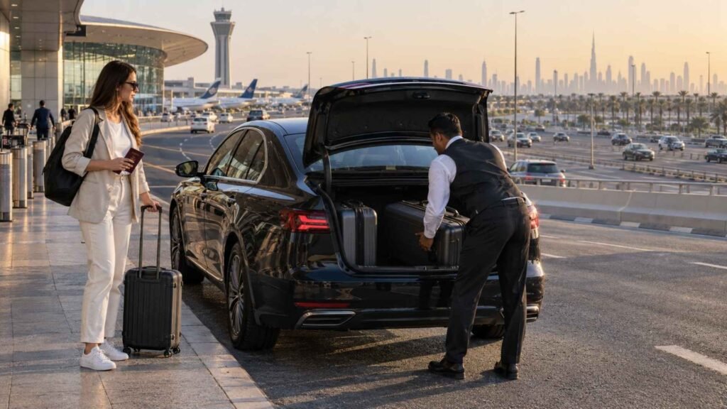 Dubai Airport transit passenger starting a road transfer from DXB to DWC