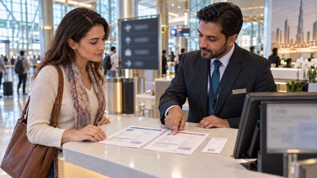 Passenger confirming separate bookings at a Dubai Airport self-transfer service counter