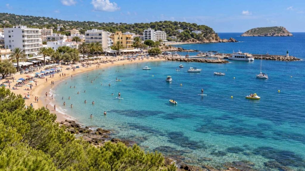Es Canar beach and small harbour on Ibiza’s east coast