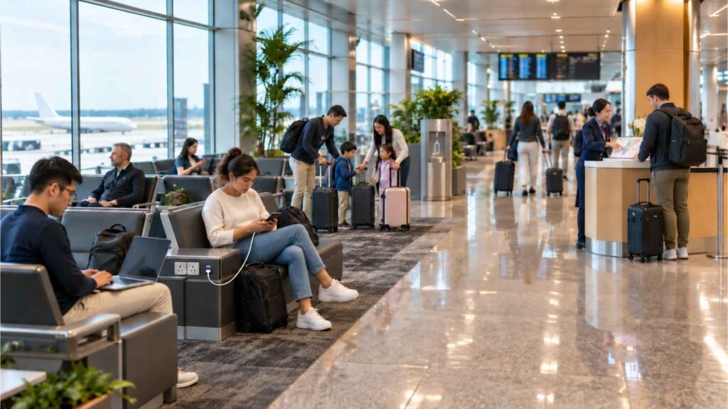 Travellers using seating, charging points, a drinking-water station and passenger assistance facilities inside Singapore Changi Airport