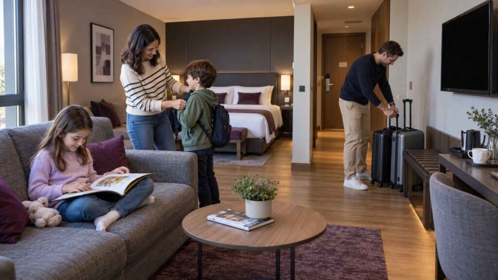 Family settling into a spacious airport hotel room near Madrid Barajas