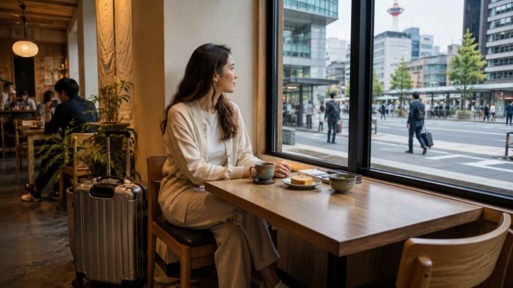 Traveler having breakfast with luggage before departing Kyoto on the final day of a Japan trip