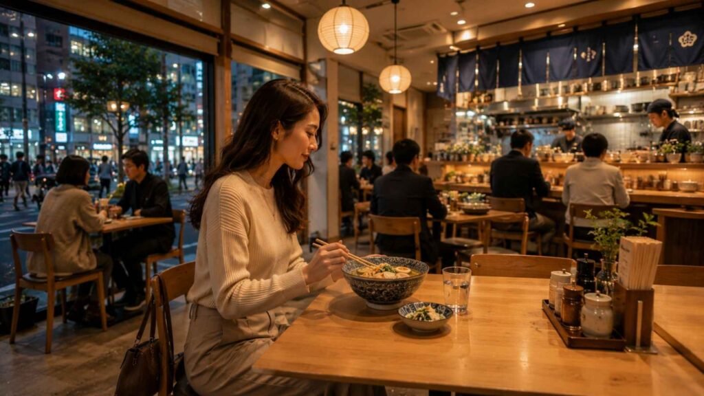 Female traveler enjoying a casual first-night dinner at a restaurant in Tokyo