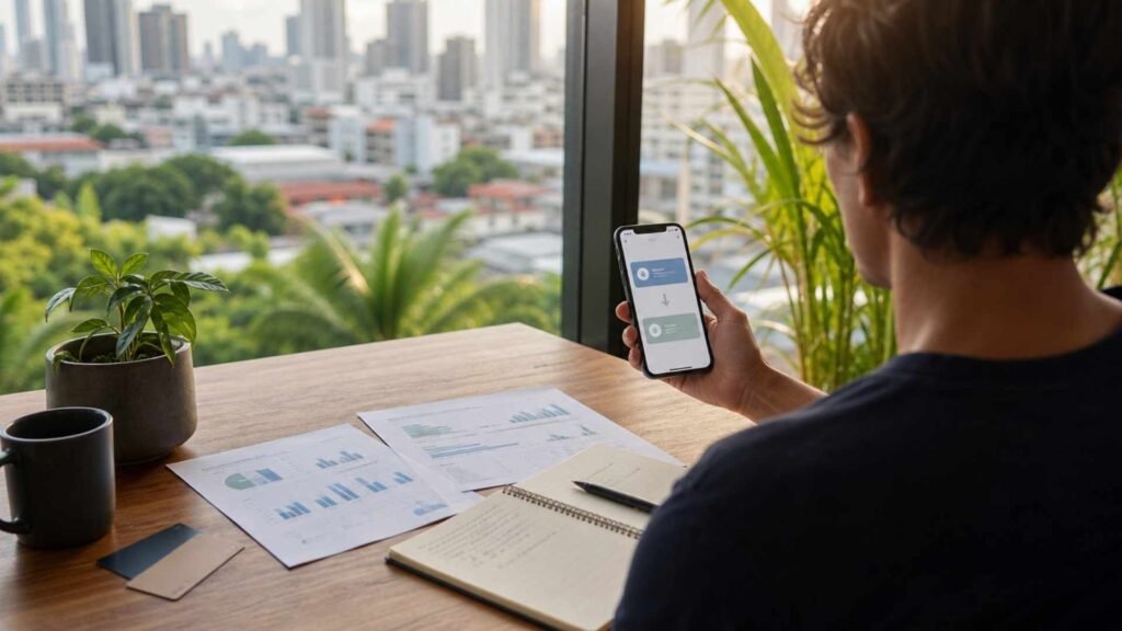 A digital nomad transferring foreign income from an overseas account to a Thai bank account while reviewing financial records in Bangkok