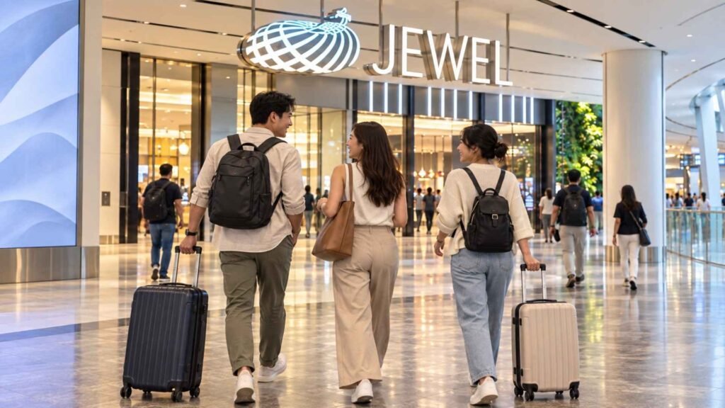 Three friends walking with their luggage towards the Jewel entrance after arriving at Singapore Changi Airport