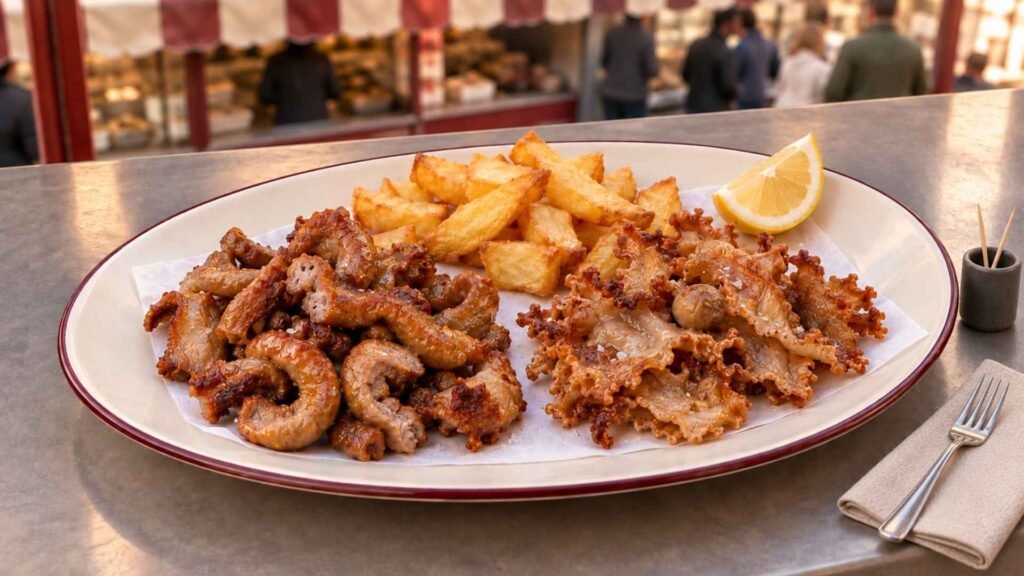 Gallinejas y entresijos served with fried potatoes at a traditional Madrid food stall