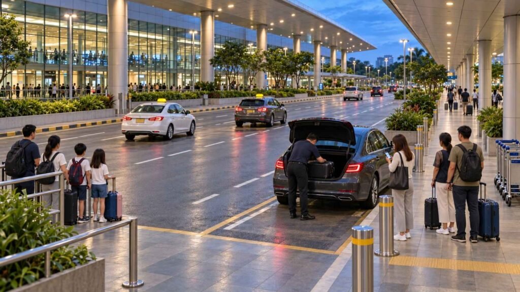 Passengers loading luggage into a private-hire car beside taxis at the Singapore Changi Airport arrivals kerbside in the evening