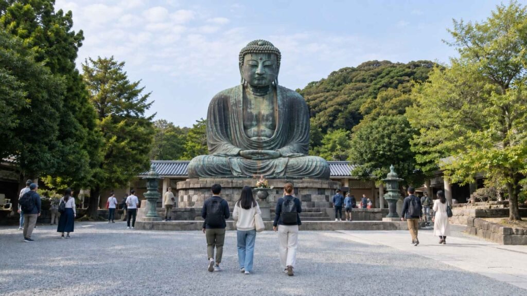 Visitors approaching the monumental bronze Great Buddha of Kamakura in the open-air courtyard of Kōtoku-in Temple