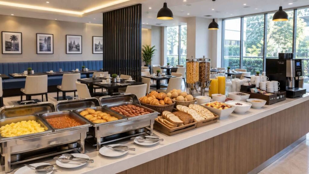 Hot breakfast buffet with scrambled eggs, beans, sausages, pastries, bread, fruit, cereal and juice in the Great Room at Holiday Inn Express Dubai Airport.