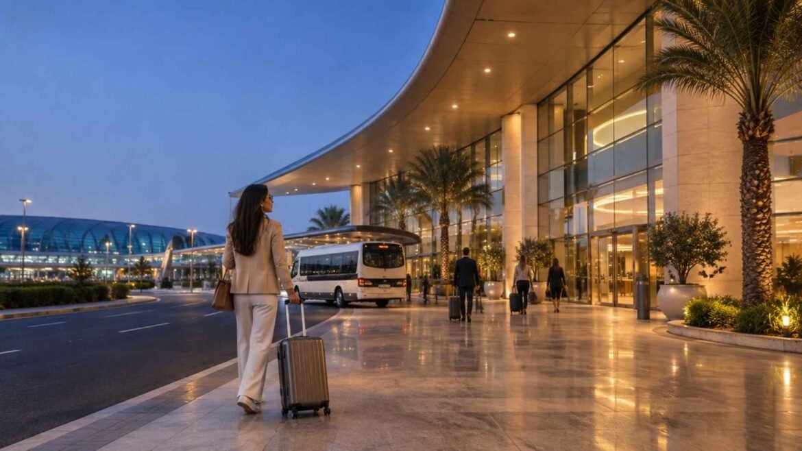 Female traveller arriving at one of the hotels near Dubai Airport with a rolling suitcase and an airport shuttle waiting outside the entrance.