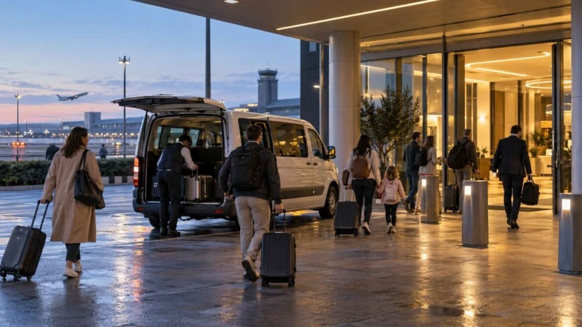Hotels near Madrid Barajas Airport with travellers boarding an airport hotel shuttle