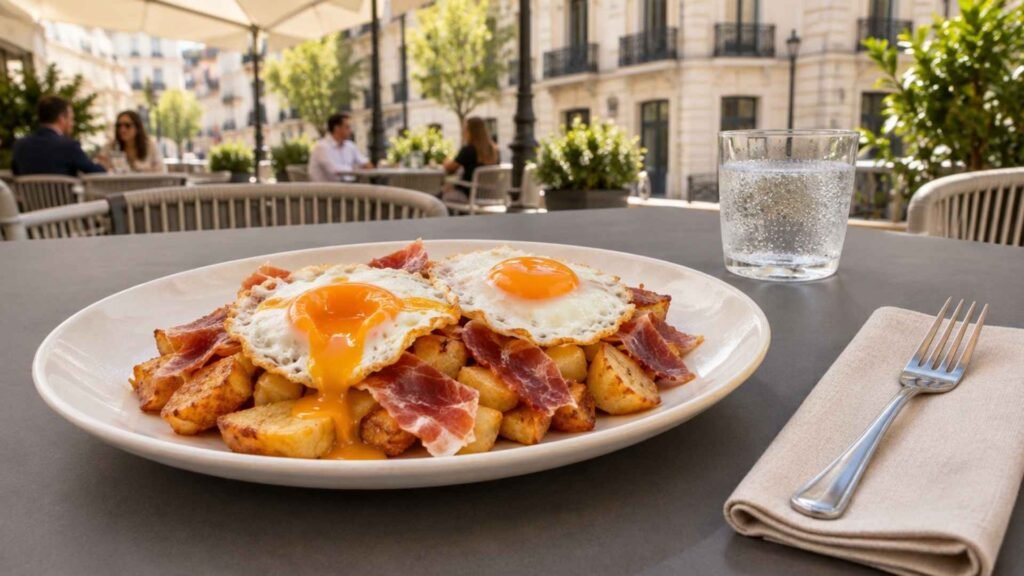 Huevos rotos with fried potatoes, runny eggs and jamón ibérico on a Madrid terrace