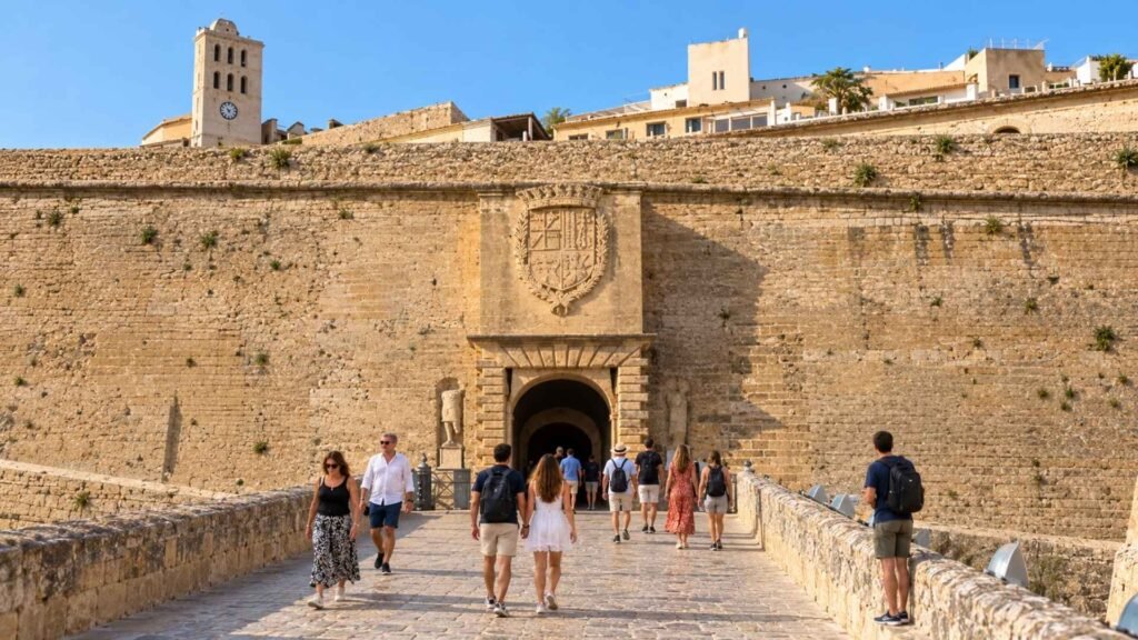 Visitors walking across the stone bridge to Portal de ses Taules at Dalt Vila in Ibiza Town