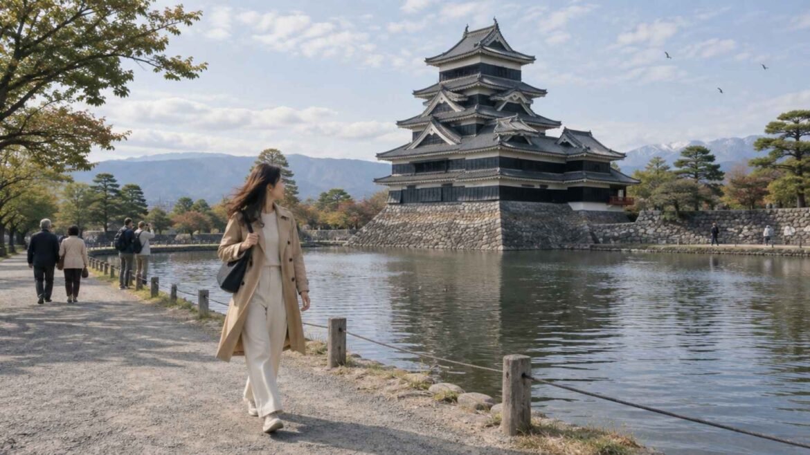 Japan Itinerary for 21 Days – female traveller walking beside Matsumoto Castle with the Japanese Alps in the background