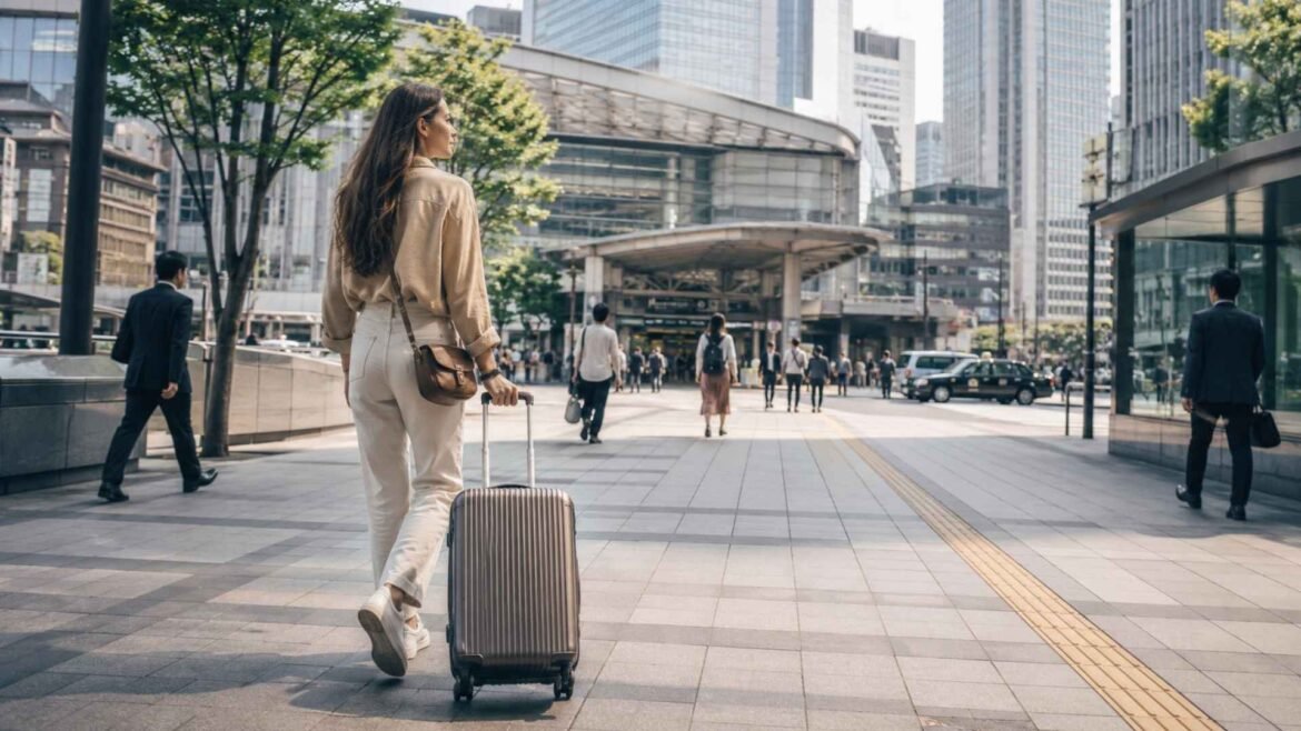 Japan itinerary for 7 days with a female traveler arriving in central Tokyo with luggage