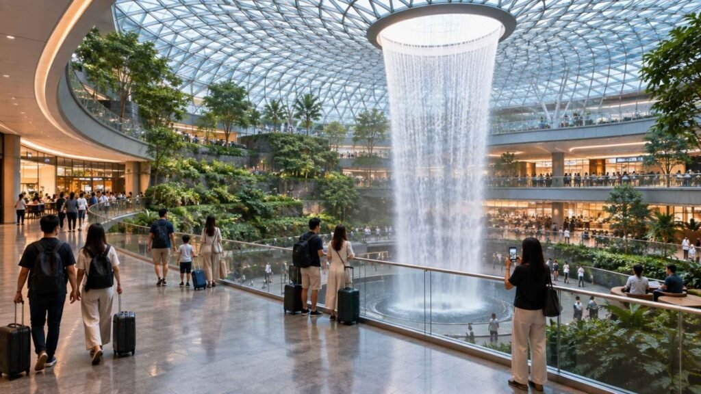 Jewel Changi Airport landside interior showing travellers with luggage beside the Rain Vortex and terraced tropical gardens