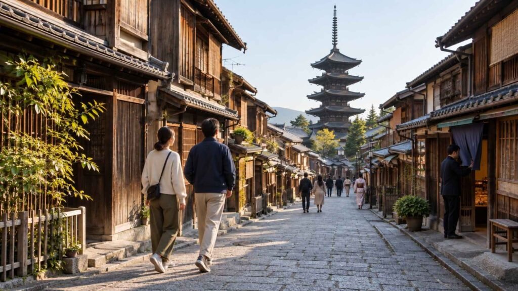 Two travellers walking along the traditional Yasaka-dori street towards the five-storey Yasaka Pagoda in Kyoto’s Higashiyama district