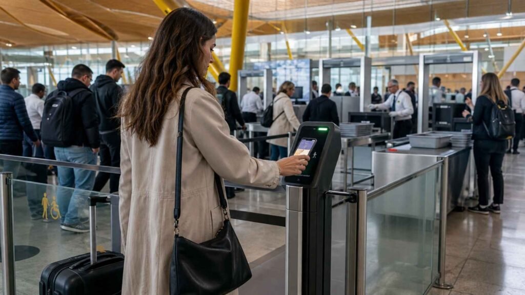 Traveller scanning a digital boarding pass at a Madrid airport priority security entrance