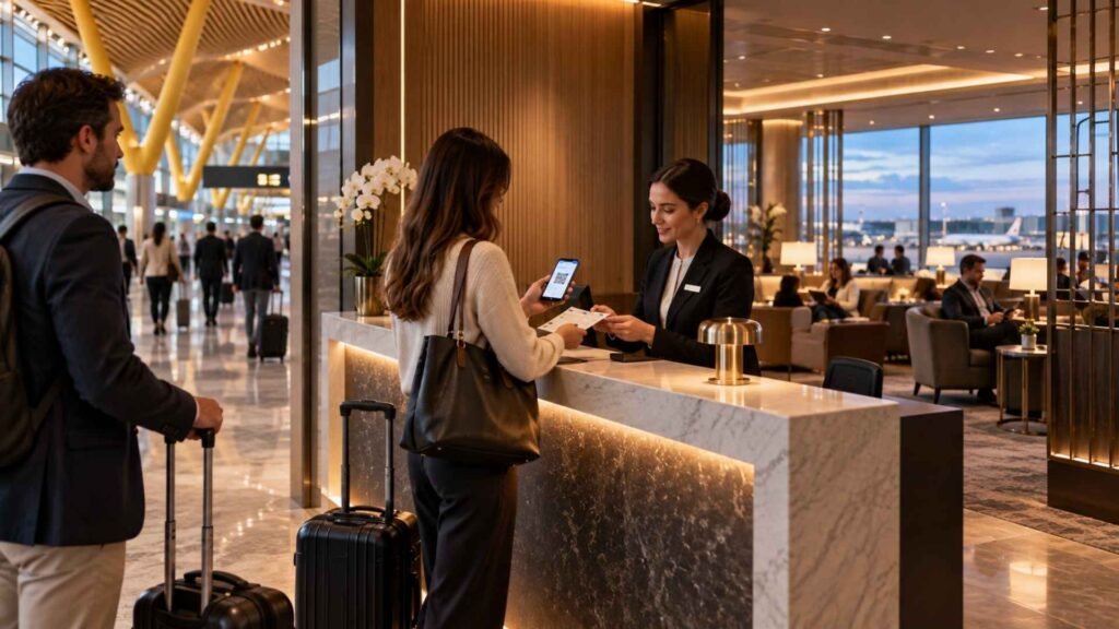 Traveller presenting digital lounge access at a Madrid Airport lounge reception