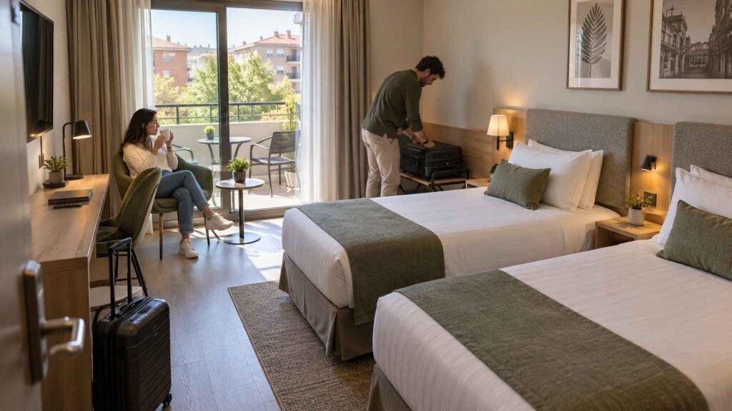 Couple preparing for an early flight in a twin airport hotel room near Madrid Barajas