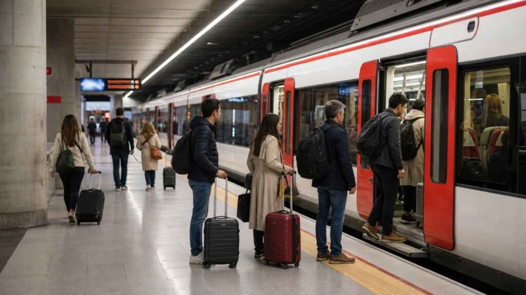 Travellers with rolling luggage boarding a red-and-white Cercanías C1 train at Madrid Barajas Airport Terminal 4