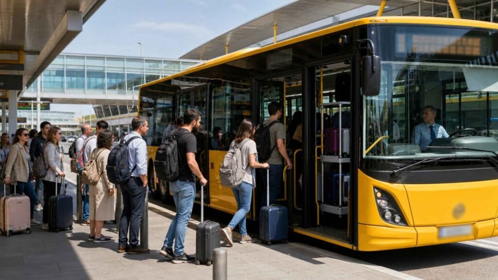 Travellers with rolling suitcases queue and board a yellow Airport Express bus outside Madrid Barajas Airport