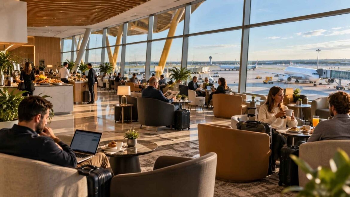 Madrid Barajas Airport Lounges with travellers relaxing in a premium airport lounge