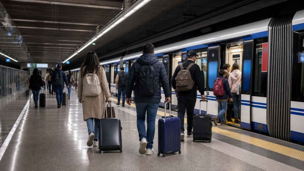 Travellers with luggage boarding Metro Line 8 at Madrid Barajas Airport