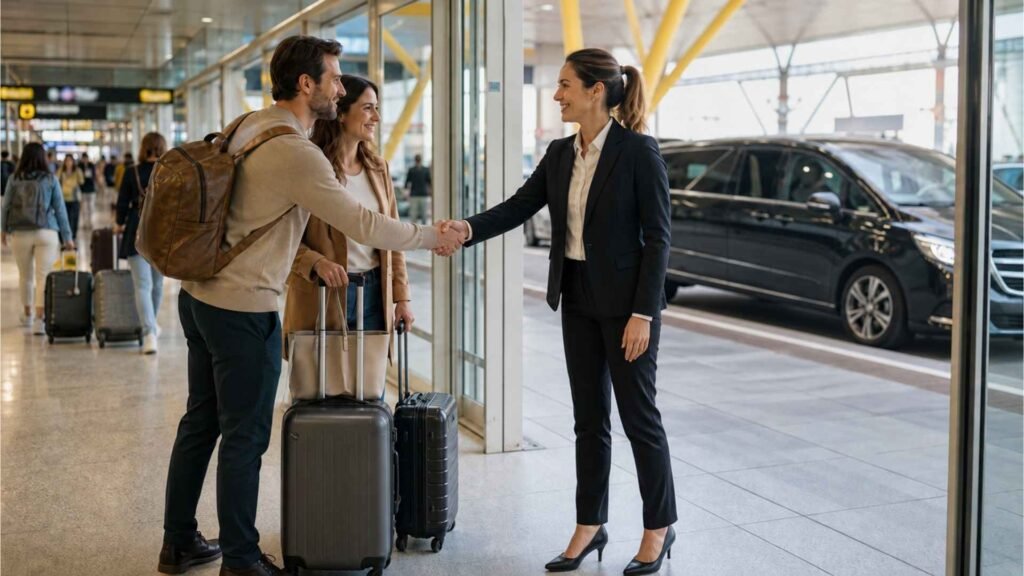 A private transfer driver shakes hands with two travellers beside their luggage while a black minivan waits outside Madrid Barajas Airport