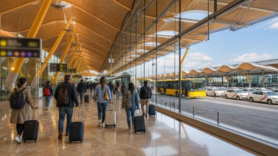 Madrid Barajas Airport to City Centre transport with travellers, a yellow Airport Express bus and official taxis outside Terminal 4