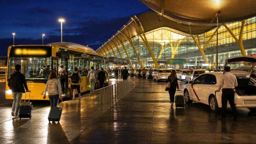 Travellers with luggage approach a yellow Airport Express bus and official white Madrid taxis outside Madrid Barajas Airport late at night