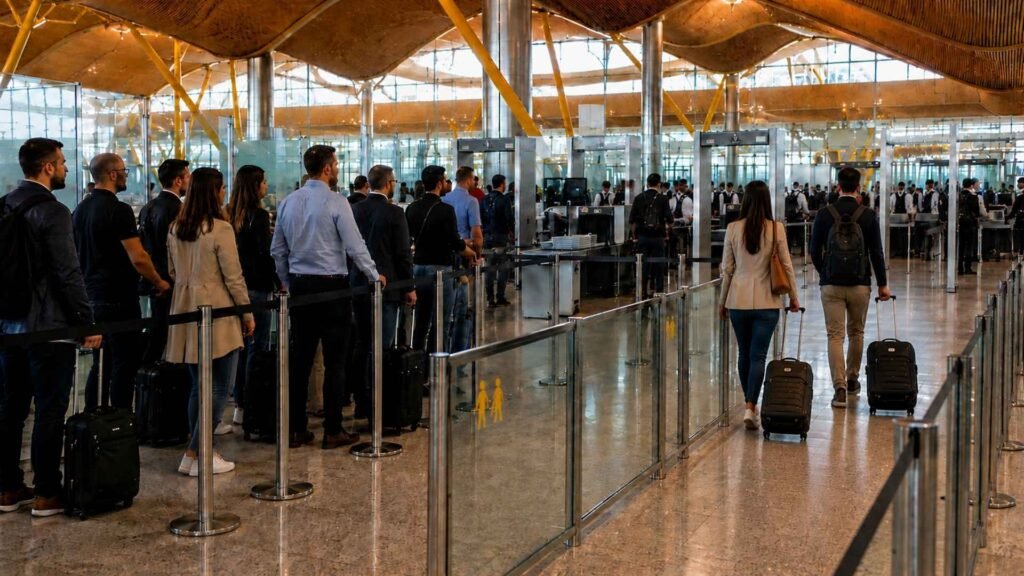 Madrid Barajas Fast Track priority security lane beside the standard airport security queue