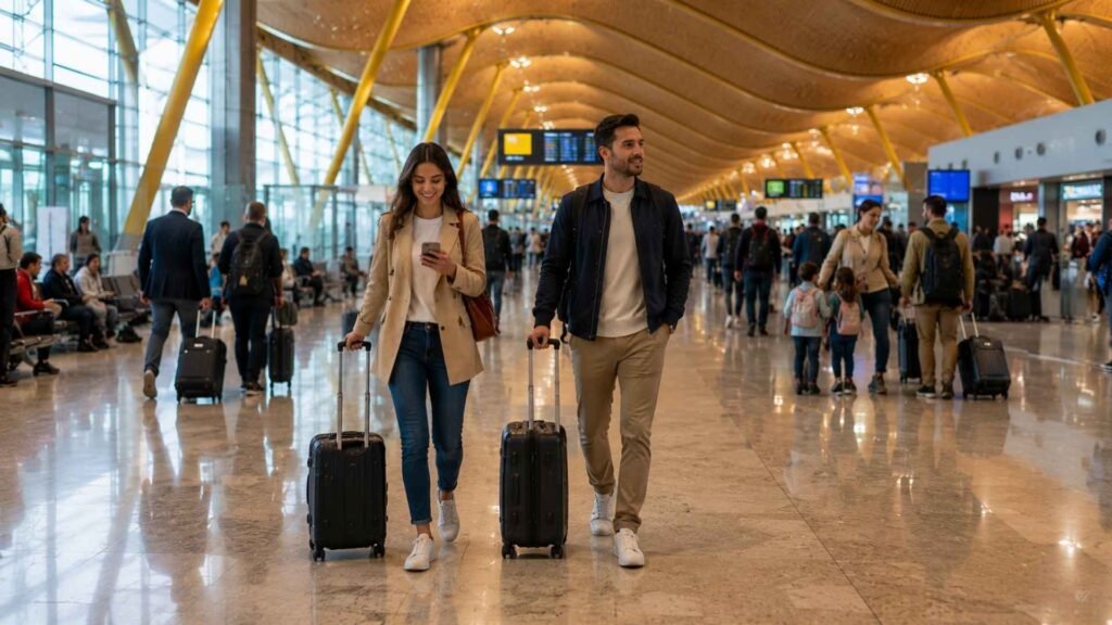 Travellers walking comfortably through Madrid airport departures with carry-on luggage