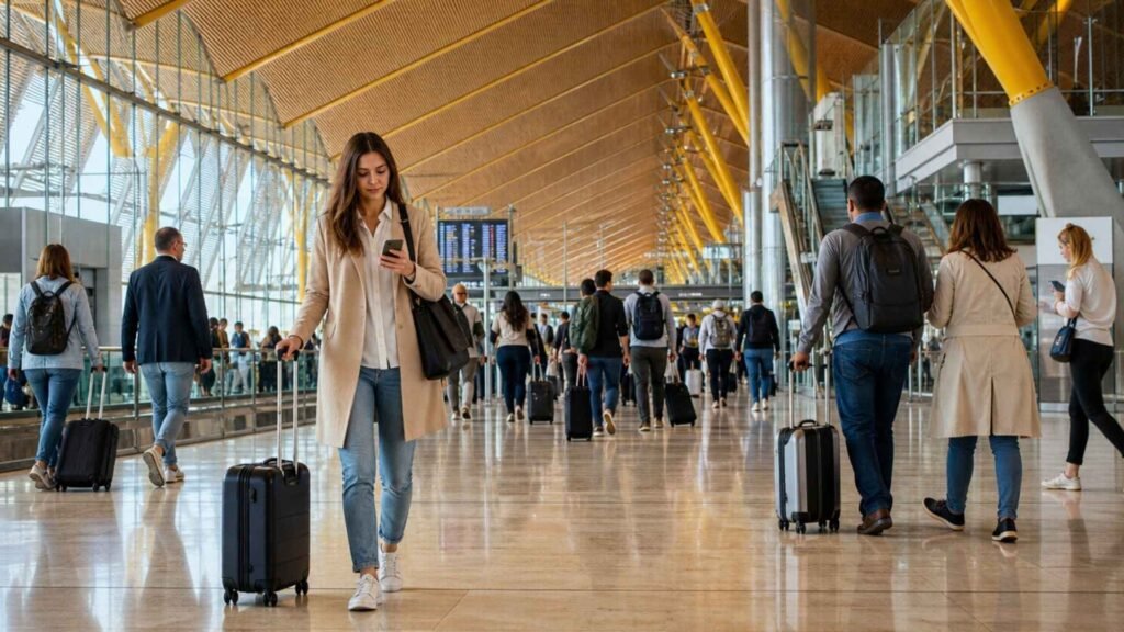 Travellers with carry-on luggage moving through a spacious Madrid airport terminal